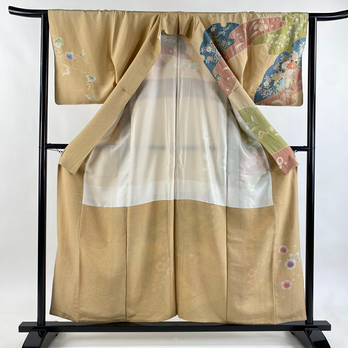 【美品】訪問服 身長157.5cm 袖長64cm M 雙層 扇子 草花紋紋 金糸 絞染 淺橙色 純蠶絲 名品級