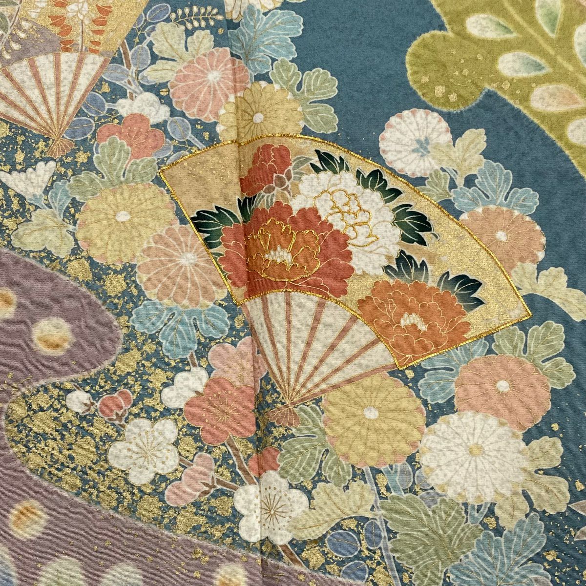 【美品】訪問服 身長157.5cm 袖長64cm M 雙層 扇子 草花紋紋 金糸 絞染 淺橙色 純蠶絲 名品級