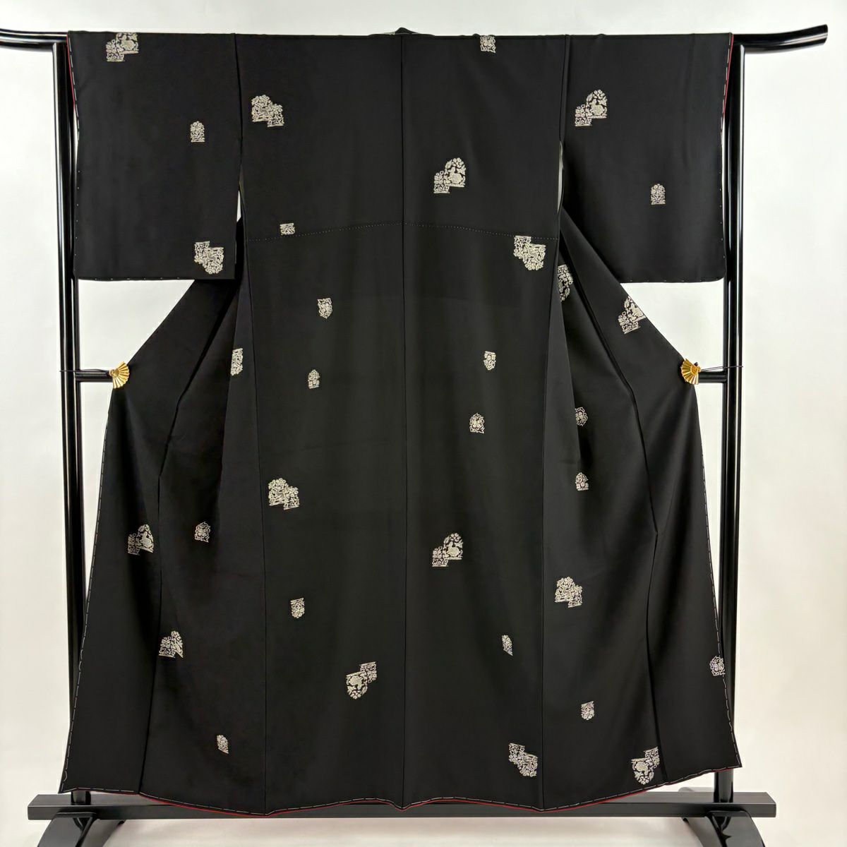 【美品】 小紋 身長157cm 袖長63cm S 雙層 花兔 草花紋紋 黑 純蠶絲 名品級
