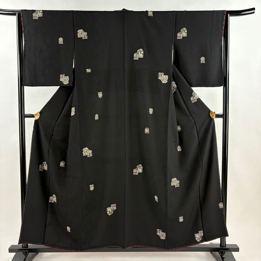 【美品】 小紋 身長157cm 袖長63cm S 雙層 花兔 草花紋紋 黑 純蠶絲 名品級