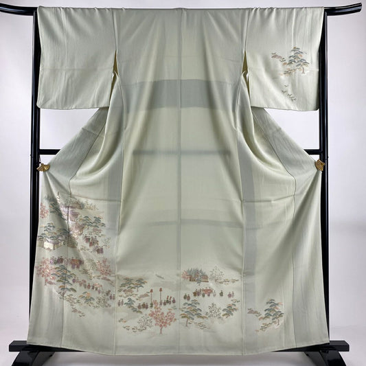 付下 身長162cm 袖長65.5cm M 雙層 家屋 人物 刺繡 金金箔 淺綠 純蠶絲 名品級