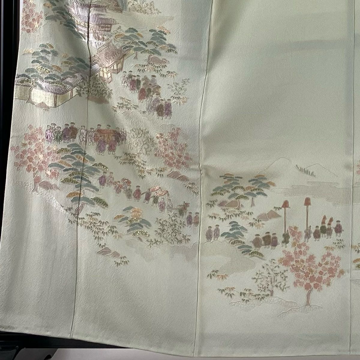 付下 身長162cm 袖長65.5cm M 雙層 家屋 人物 刺繡 金金箔 淺綠 純蠶絲 名品級