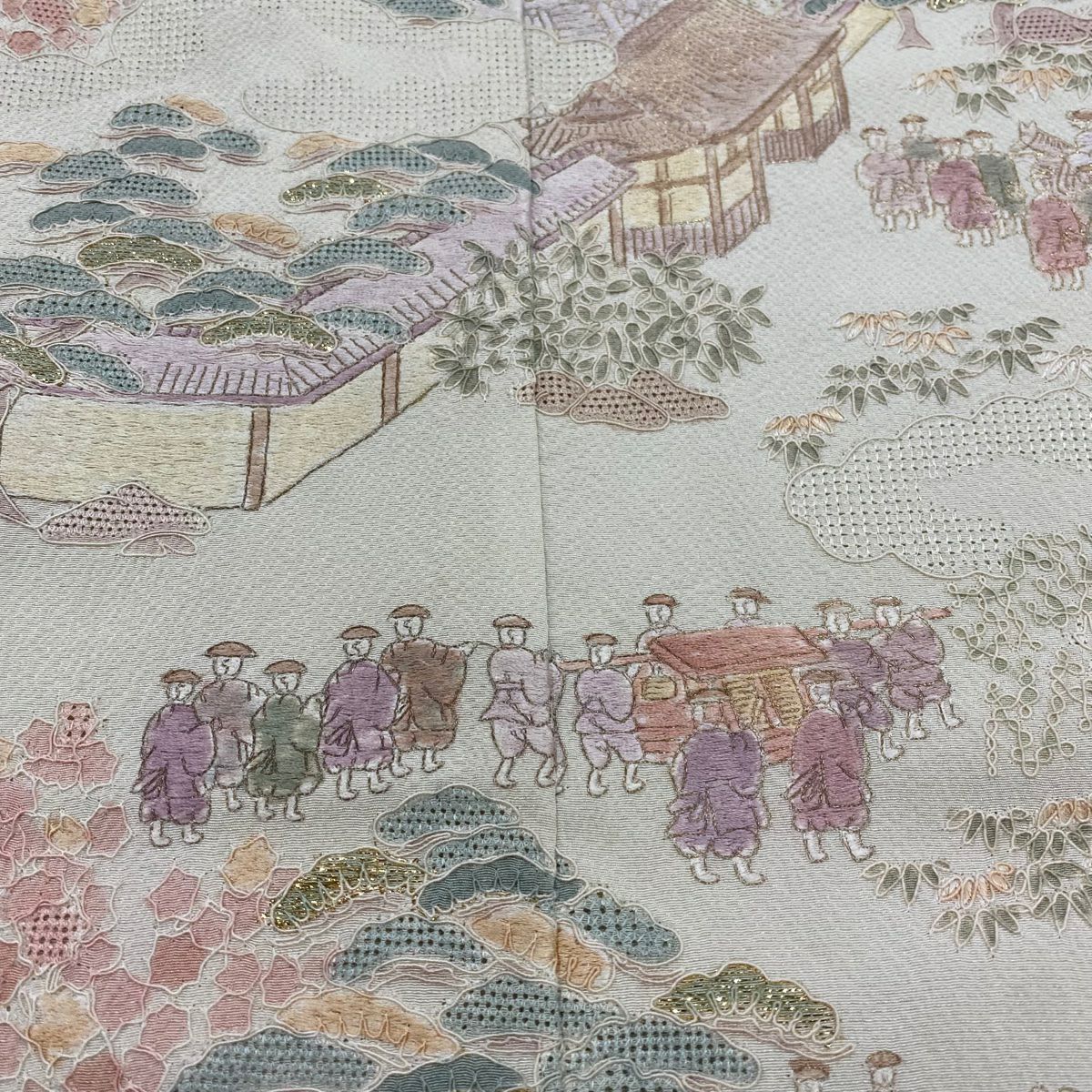付下 身長162cm 袖長65.5cm M 雙層 家屋 人物 刺繡 金金箔 淺綠 純蠶絲 名品級