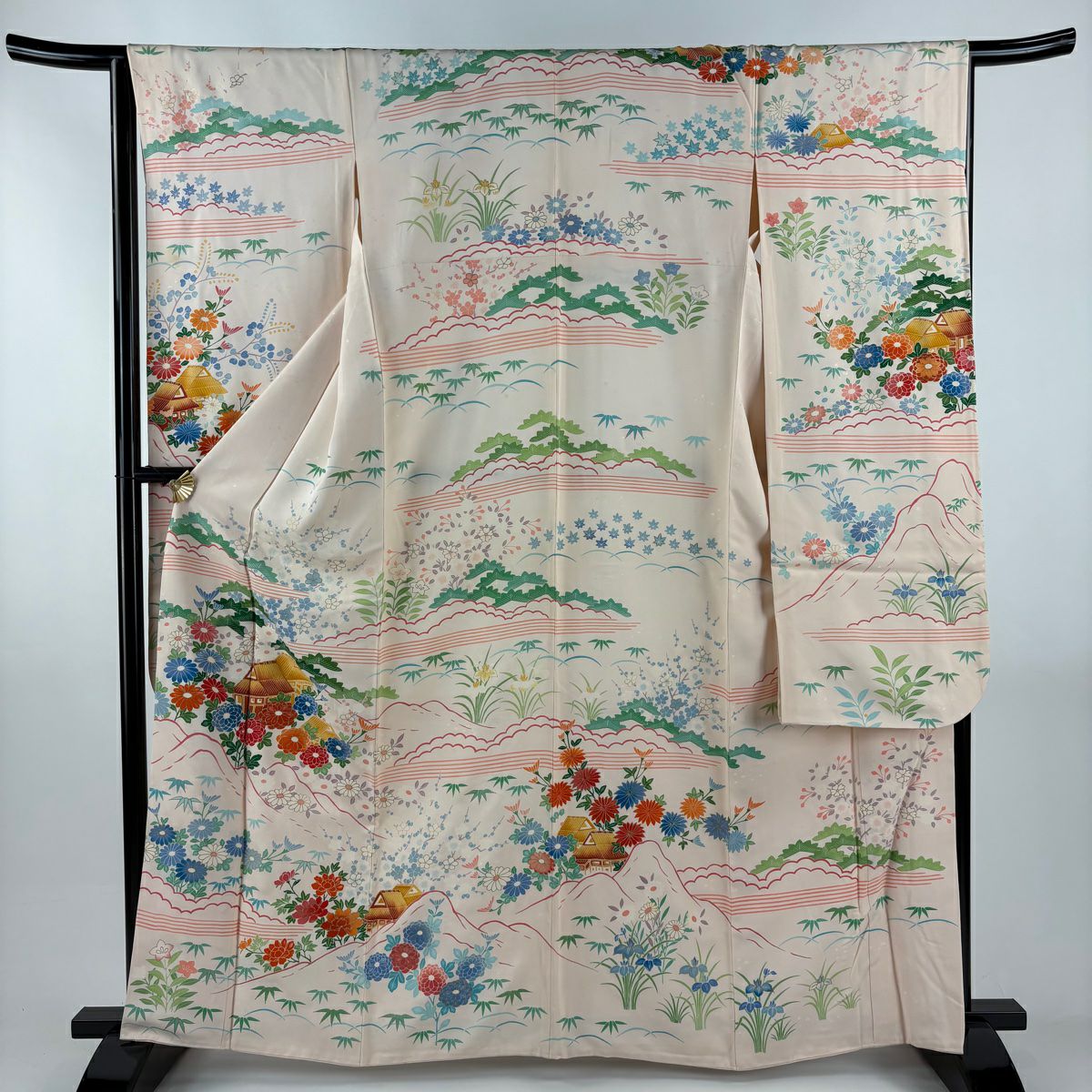 振袖禮服 身長164cm 袖長65cm M 雙層 家屋 菊花 金絲 金銀彩 淡粉色 純蠶絲 名品級