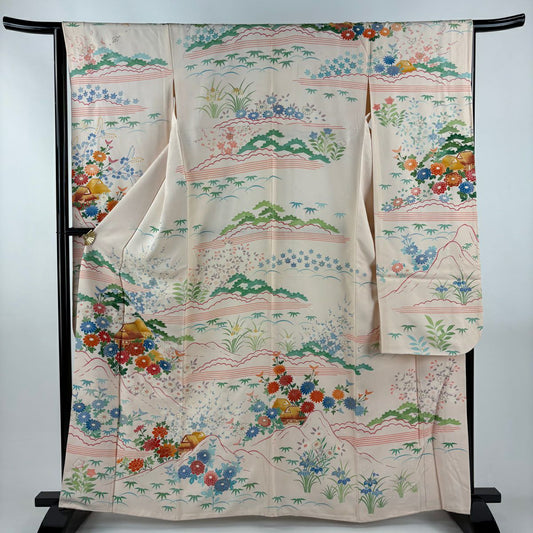 振袖禮服 身長164cm 袖長65cm M 雙層 家屋 菊花 金絲 金銀彩 淡粉色 純蠶絲 名品級