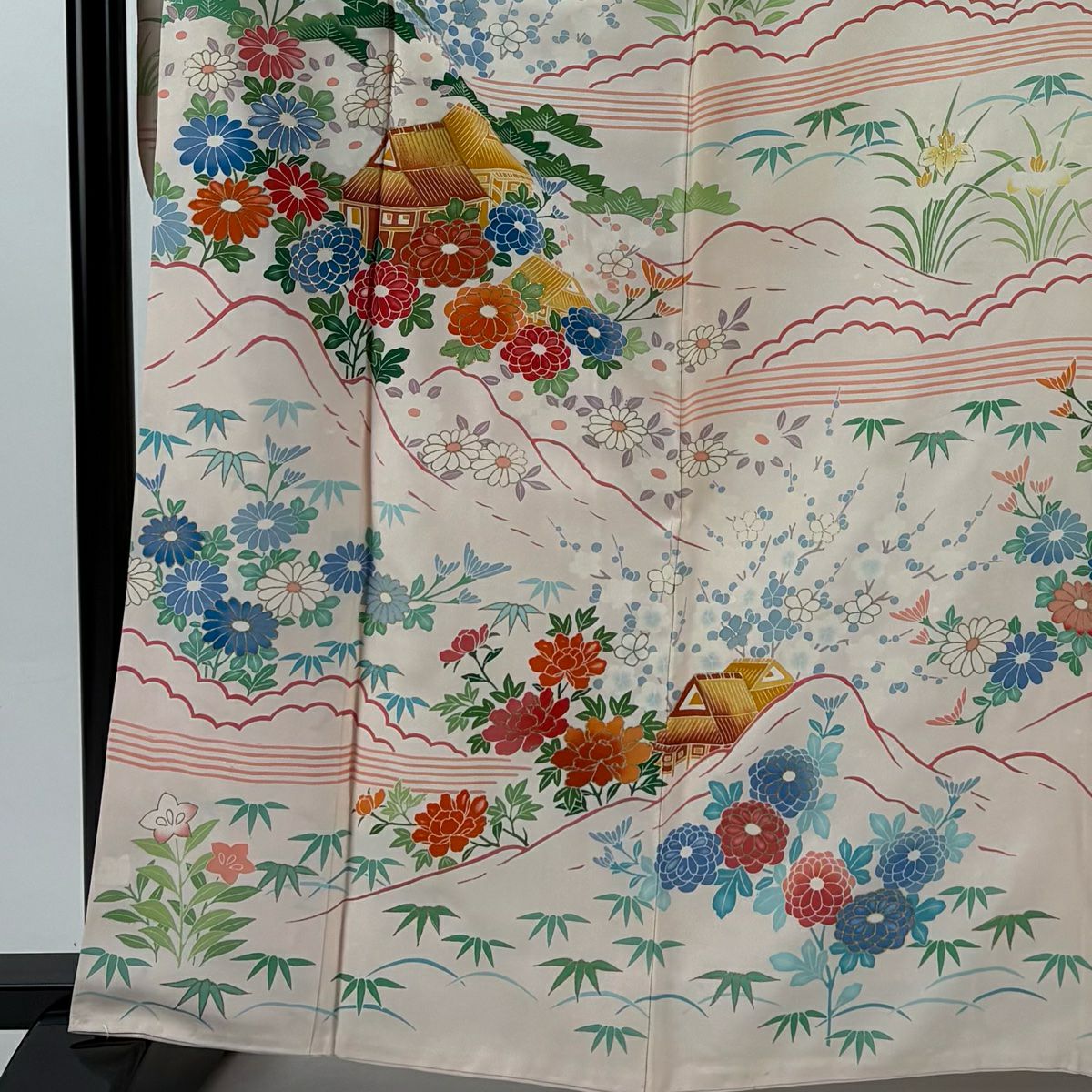 振袖禮服 身長164cm 袖長65cm M 雙層 家屋 菊花 金絲 金銀彩 淡粉色 純蠶絲 名品級