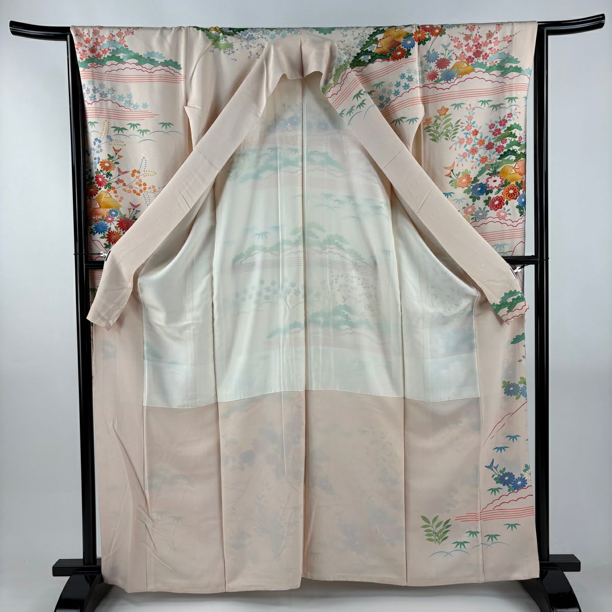 振袖禮服 身長164cm 袖長65cm M 雙層 家屋 菊花 金絲 金銀彩 淡粉色 純蠶絲 名品級