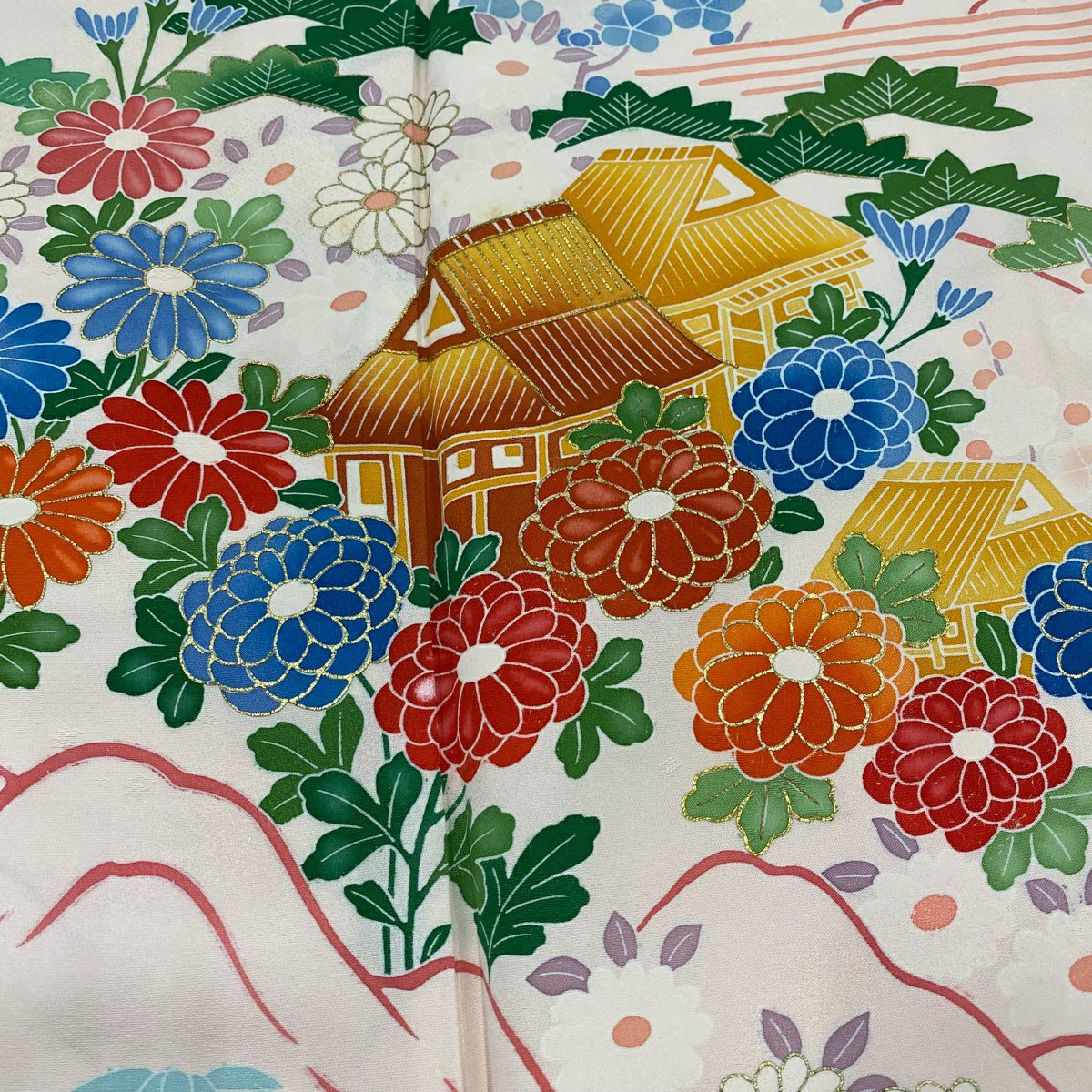 振袖禮服 身長164cm 袖長65cm M 雙層 家屋 菊花 金絲 金銀彩 淡粉色 純蠶絲 名品級