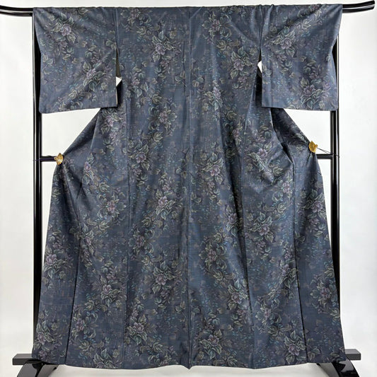 【美品】 紬織織 身長161.5cm 袖長66.5cm M 雙層 草花紋紋 深藍 純蠶絲 名品級