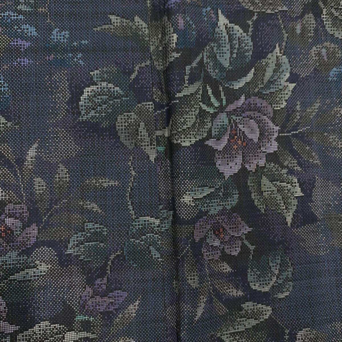 【美品】 紬織織 身長161.5cm 袖長66.5cm M 雙層 草花紋紋 深藍 純蠶絲 名品級