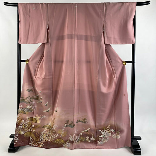 色留袖禮服 身長168.5cm 袖長67.5cm L 雙層 有落款 仙鶴 波 金銀彩 漸層 粉紅 純蠶絲 名品級 三つ紋