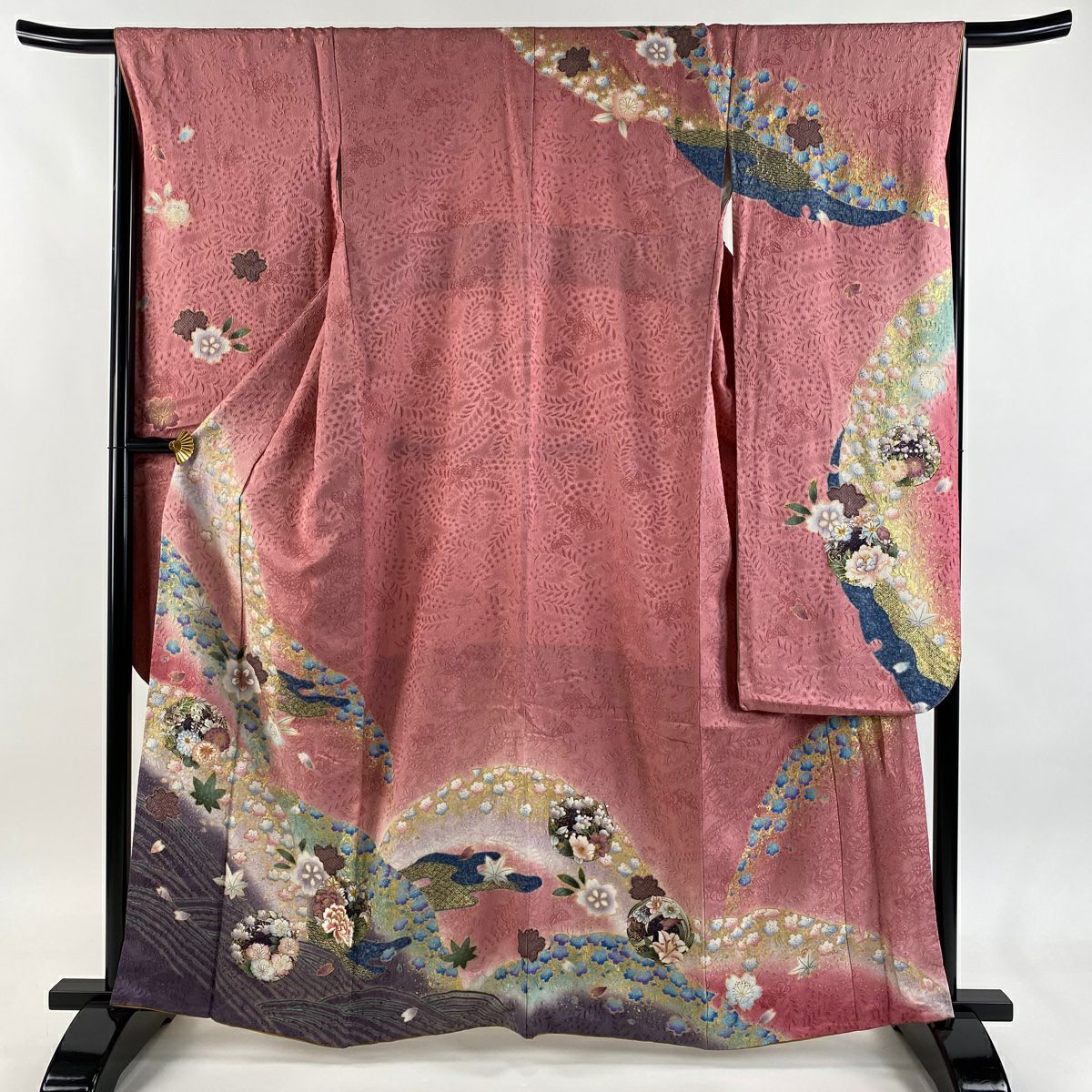 振袖禮服 身長162cm 袖長66.5cm M 雙層 花丸紋 櫻花 銀通 金銀彩 粉紅 純蠶絲 名品級
