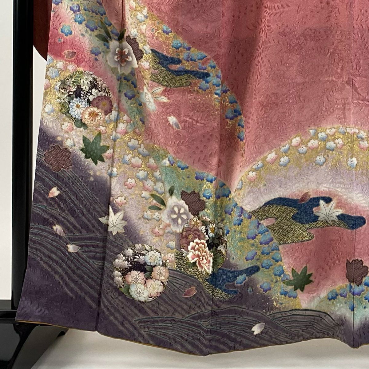 振袖禮服 身長162cm 袖長66.5cm M 雙層 花丸紋 櫻花 銀通 金銀彩 粉紅 純蠶絲 名品級