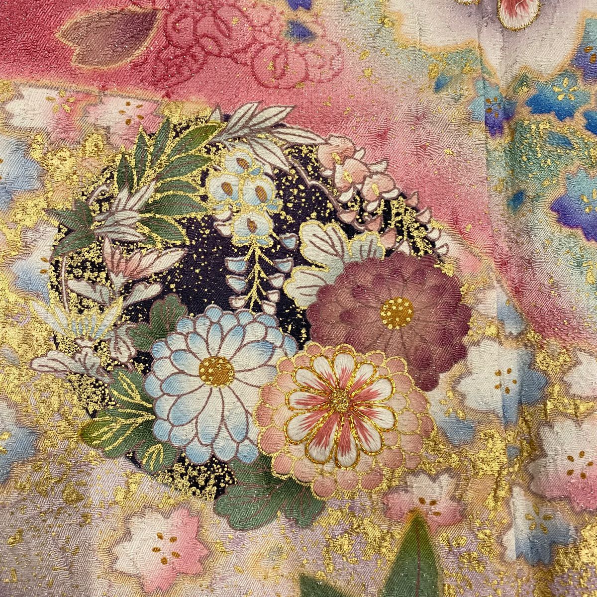 振袖禮服 身長162cm 袖長66.5cm M 雙層 花丸紋 櫻花 銀通 金銀彩 粉紅 純蠶絲 名品級