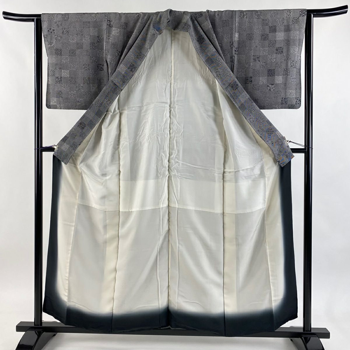 江戶小紋 身長156.5cm 袖長62.5cm S 雙層 落款 變化市松樹 寄花紋 黑灰 純蠶絲 名品級