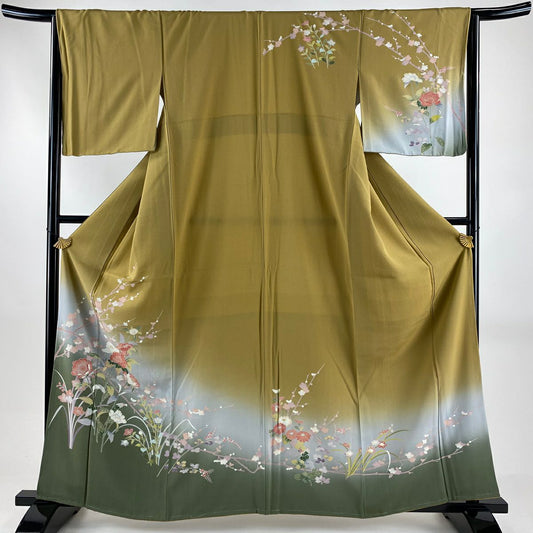 訪問服 身長161cm 袖長65cm M 雙層 草花紋紋 枝花 絞染 黃土 純蠶絲 名品級