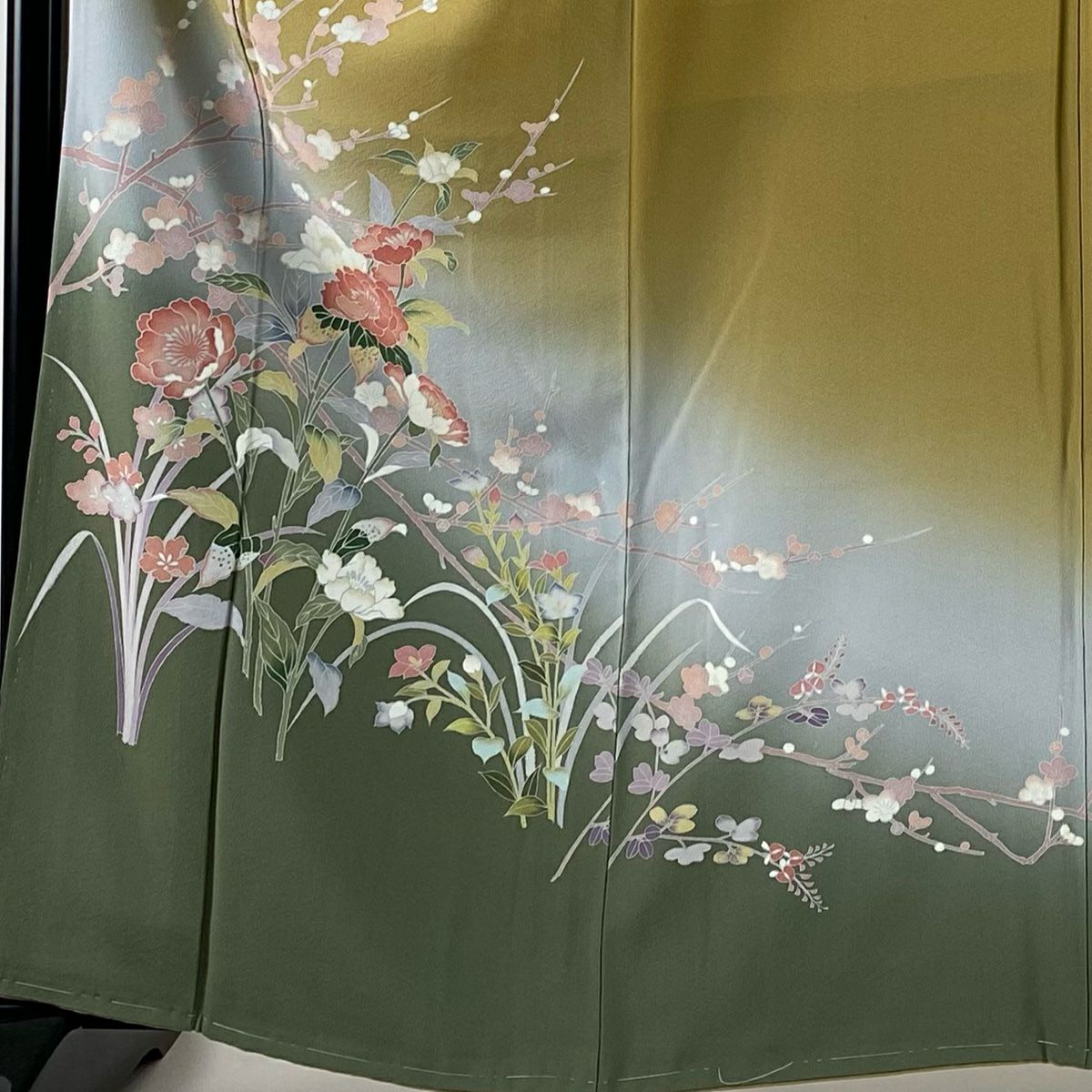 訪問服 身長161cm 袖長65cm M 雙層 草花紋紋 枝花 絞染 黃土 純蠶絲 名品級