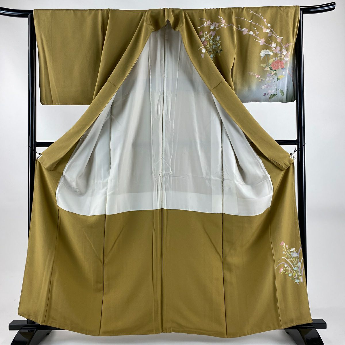 訪問服 身長161cm 袖長65cm M 雙層 草花紋紋 枝花 絞染 黃土 純蠶絲 名品級