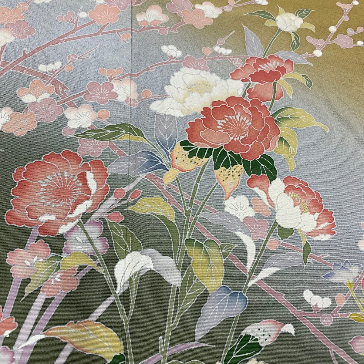 訪問服 身長161cm 袖長65cm M 雙層 草花紋紋 枝花 絞染 黃土 純蠶絲 名品級