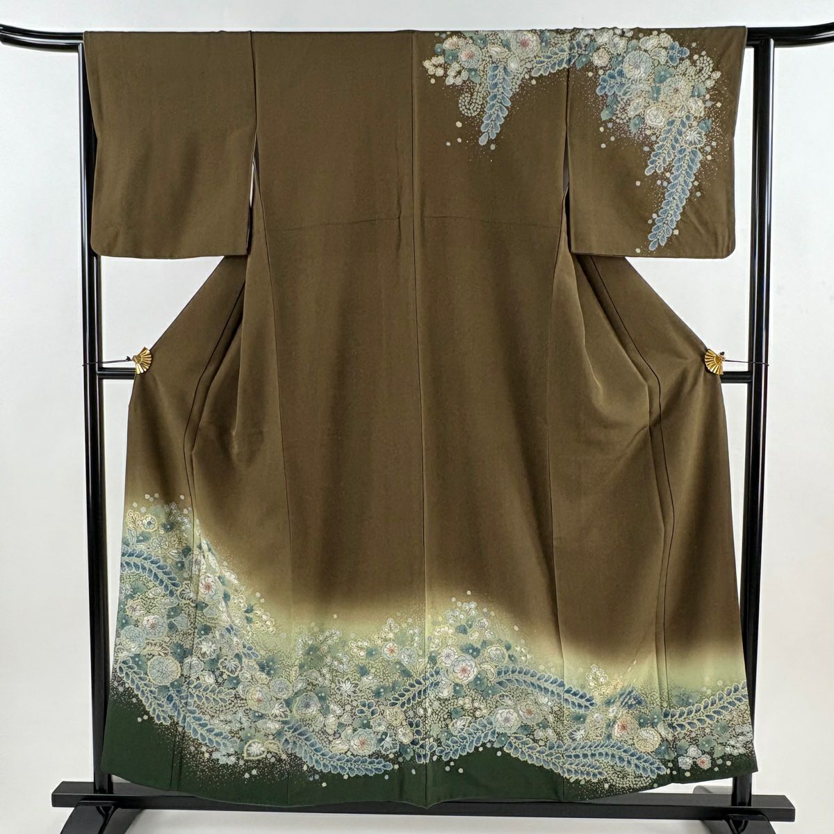 訪問服 身長156.5cm 袖長63cm S 雙層 辻花染圖案 漸層 茶綠 純蠶絲 名品級
