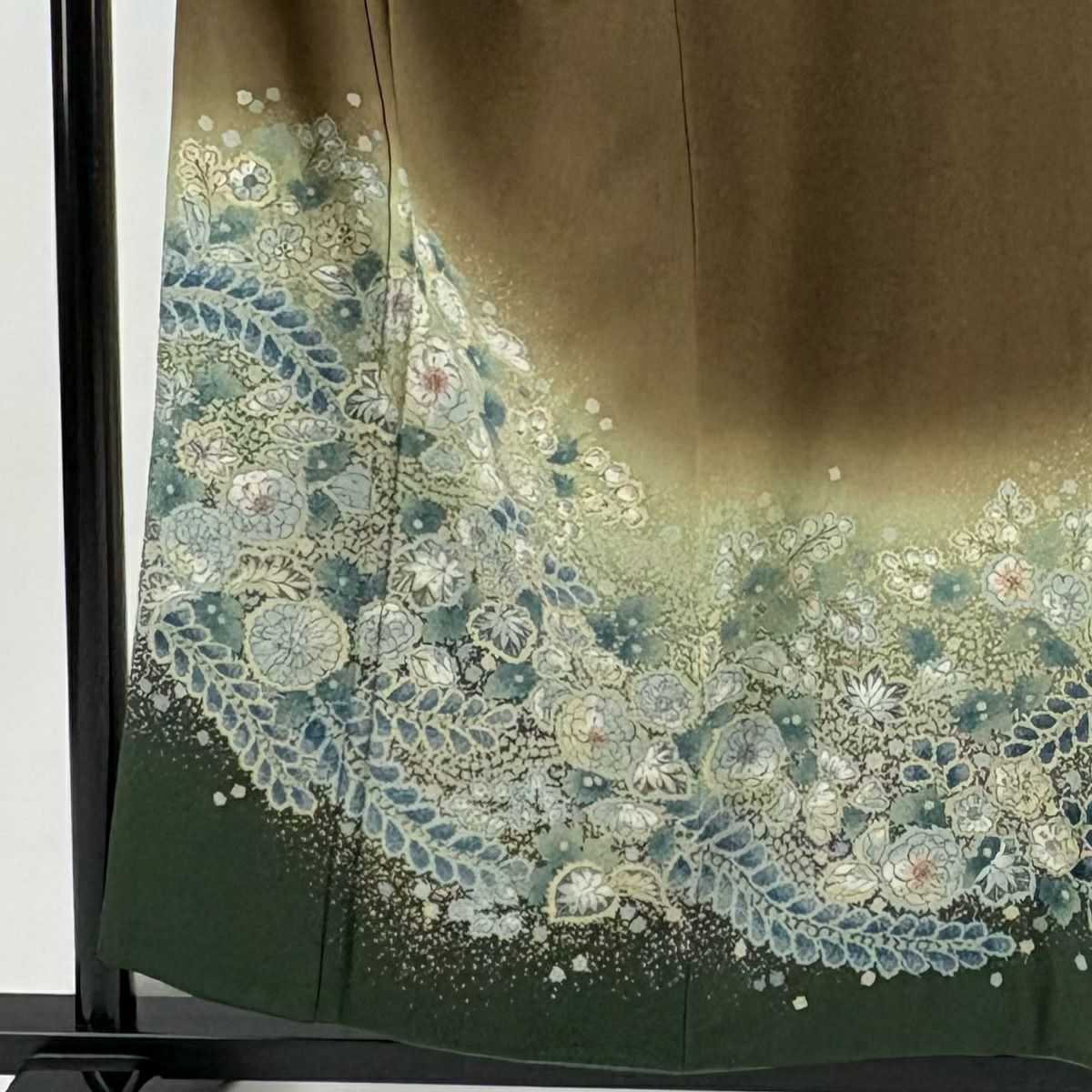 訪問服 身長156.5cm 袖長63cm S 雙層 辻花染圖案 漸層 茶綠 純蠶絲 名品級