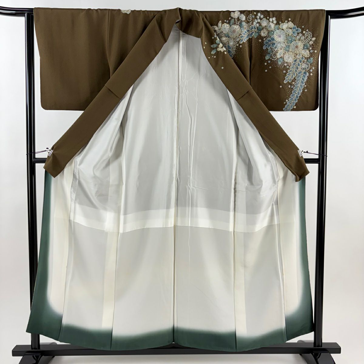 訪問服 身長156.5cm 袖長63cm S 雙層 辻花染圖案 漸層 茶綠 純蠶絲 名品級