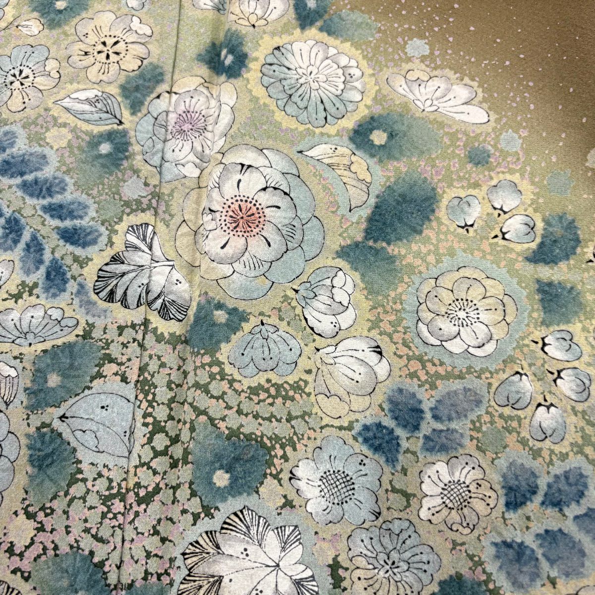 訪問服 身長156.5cm 袖長63cm S 雙層 辻花染圖案 漸層 茶綠 純蠶絲 名品級