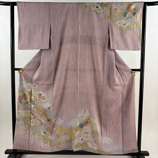 訪問服 身長158cm 袖長63cm S 雙層 松樹井青青 落款 草花紋紋 金金箔散佈 金銀彩 刺繡 淺紫 純蠶絲 名品級