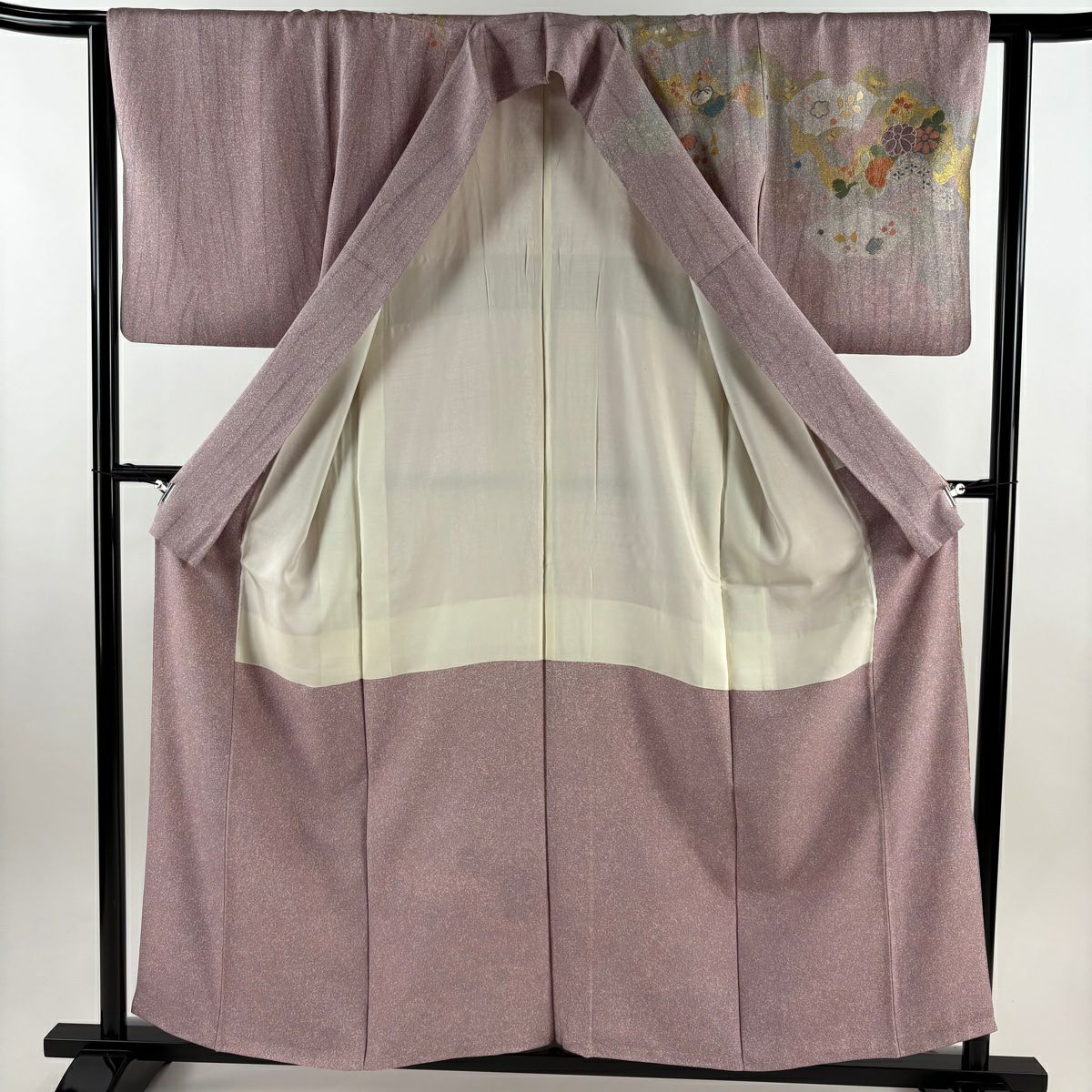 訪問服 身長158cm 袖長63cm S 雙層 松樹井青青 落款 草花紋紋 金金箔散佈 金銀彩 刺繡 淺紫 純蠶絲 名品級