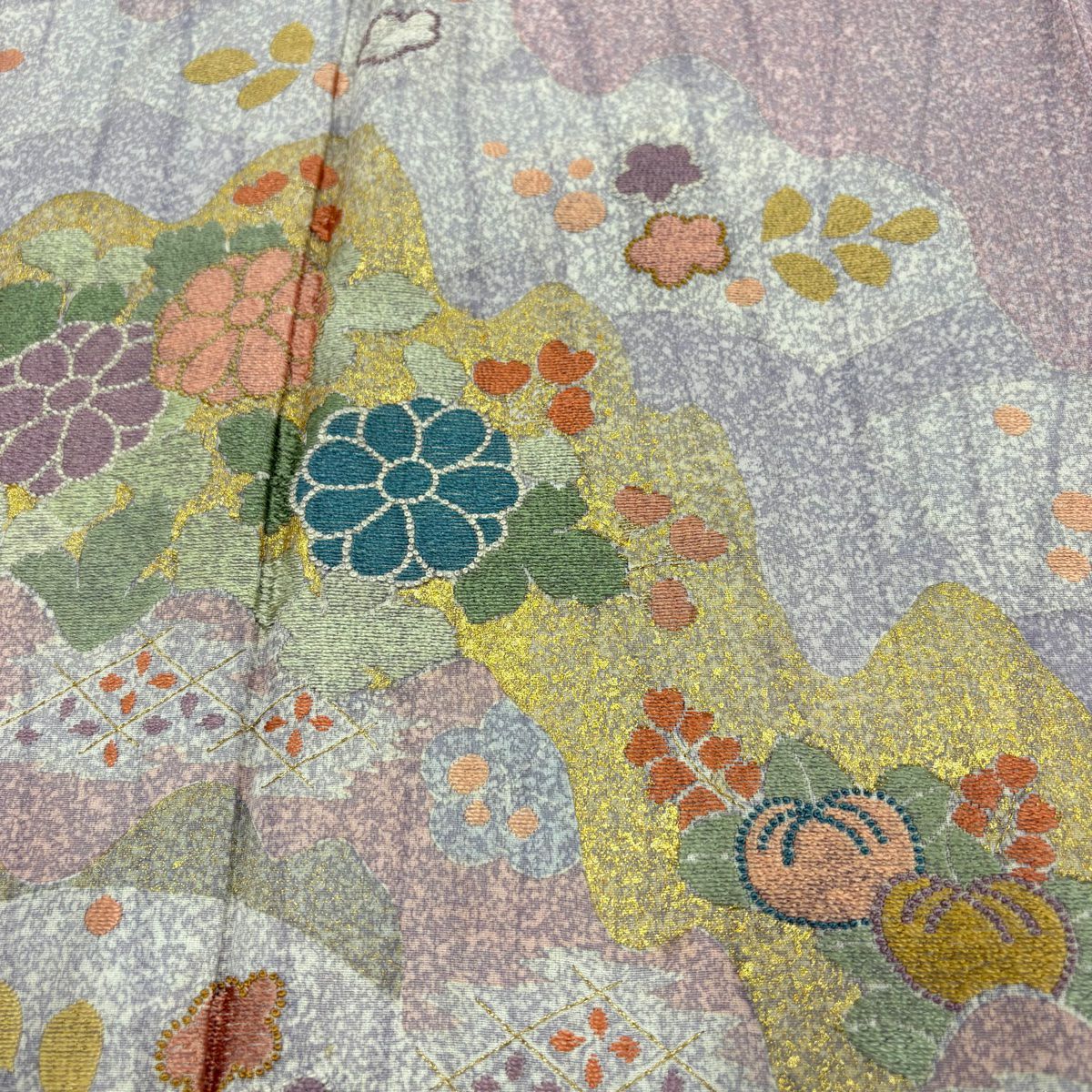 訪問服 身長158cm 袖長63cm S 雙層 松樹井青青 落款 草花紋紋 金金箔散佈 金銀彩 刺繡 淺紫 純蠶絲 名品級