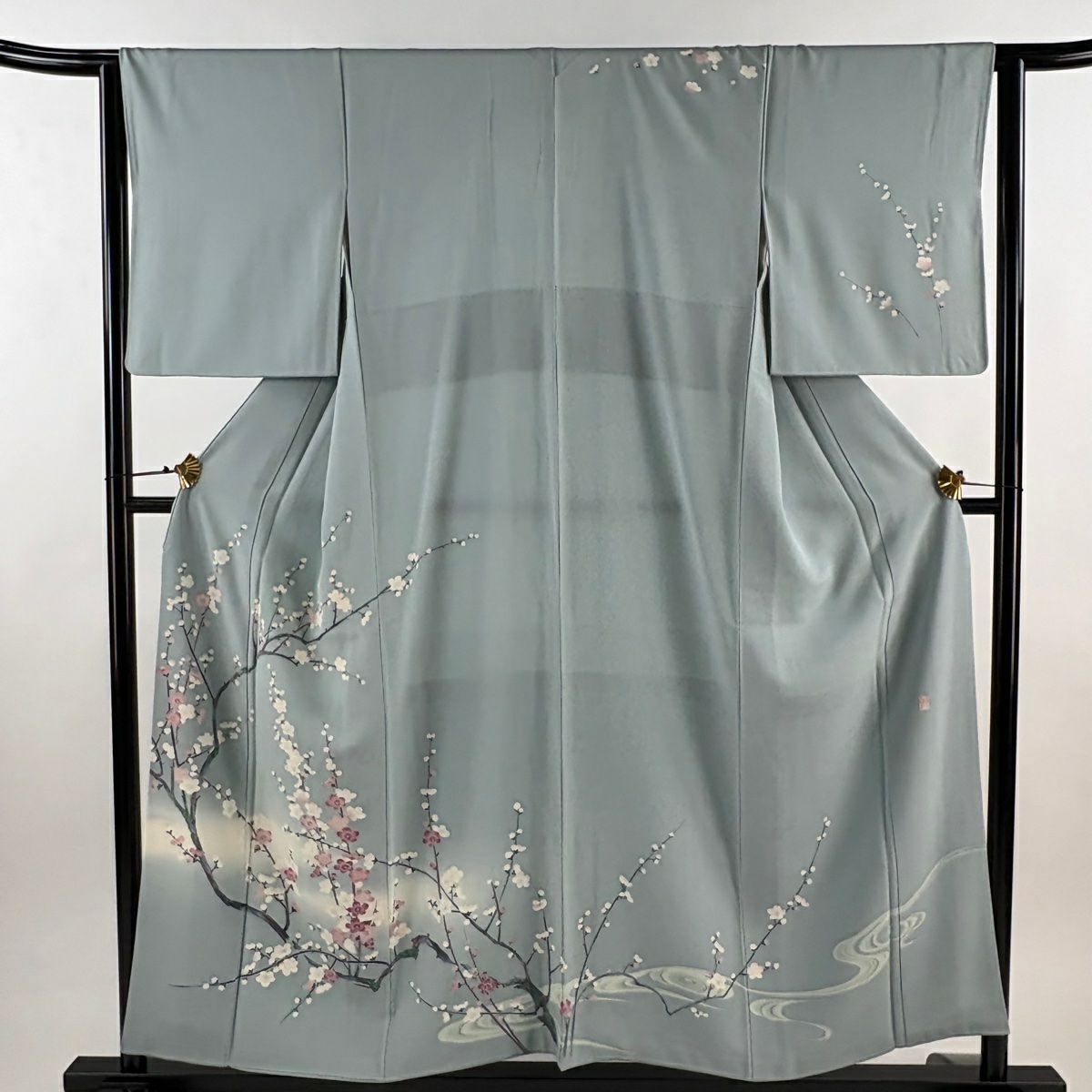 訪問服 身長156cm 袖長63cm S 雙層 落款あり 枝梅花 霞 漸層 水色 純蠶絲 名品級