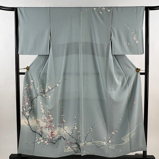 訪問服 身長156cm 袖長63cm S 雙層 落款あり 枝梅花 霞 漸層 水色 純蠶絲 名品級