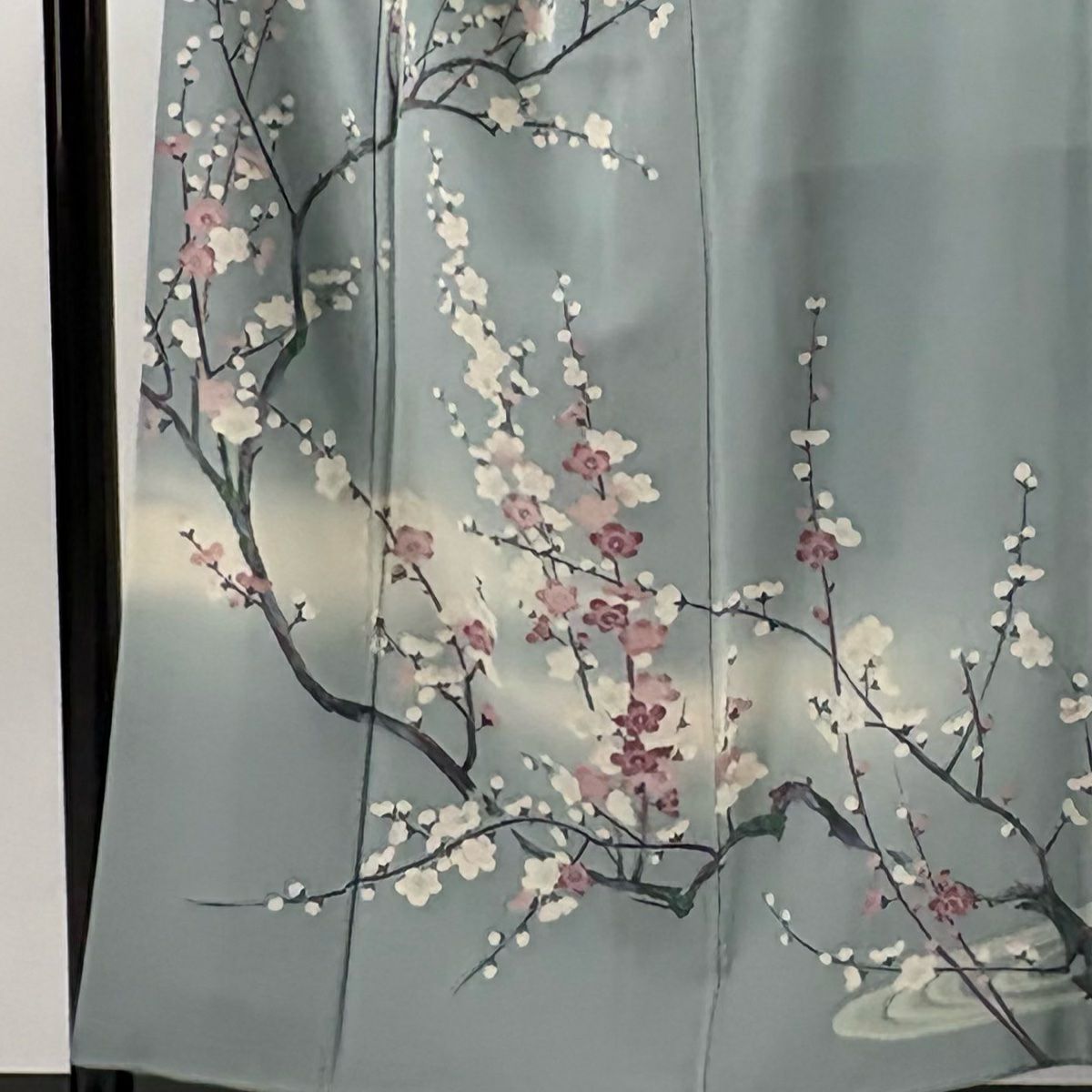 訪問服 身長156cm 袖長63cm S 雙層 落款あり 枝梅花 霞 漸層 水色 純蠶絲 名品級