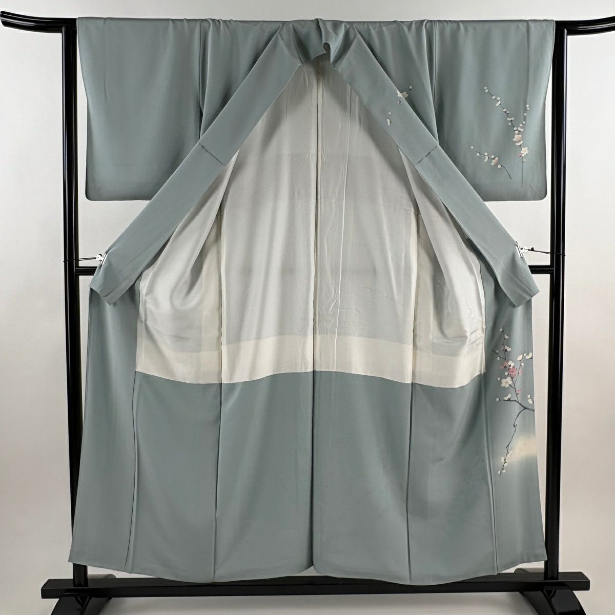 訪問服 身長156cm 袖長63cm S 雙層 落款あり 枝梅花 霞 漸層 水色 純蠶絲 名品級