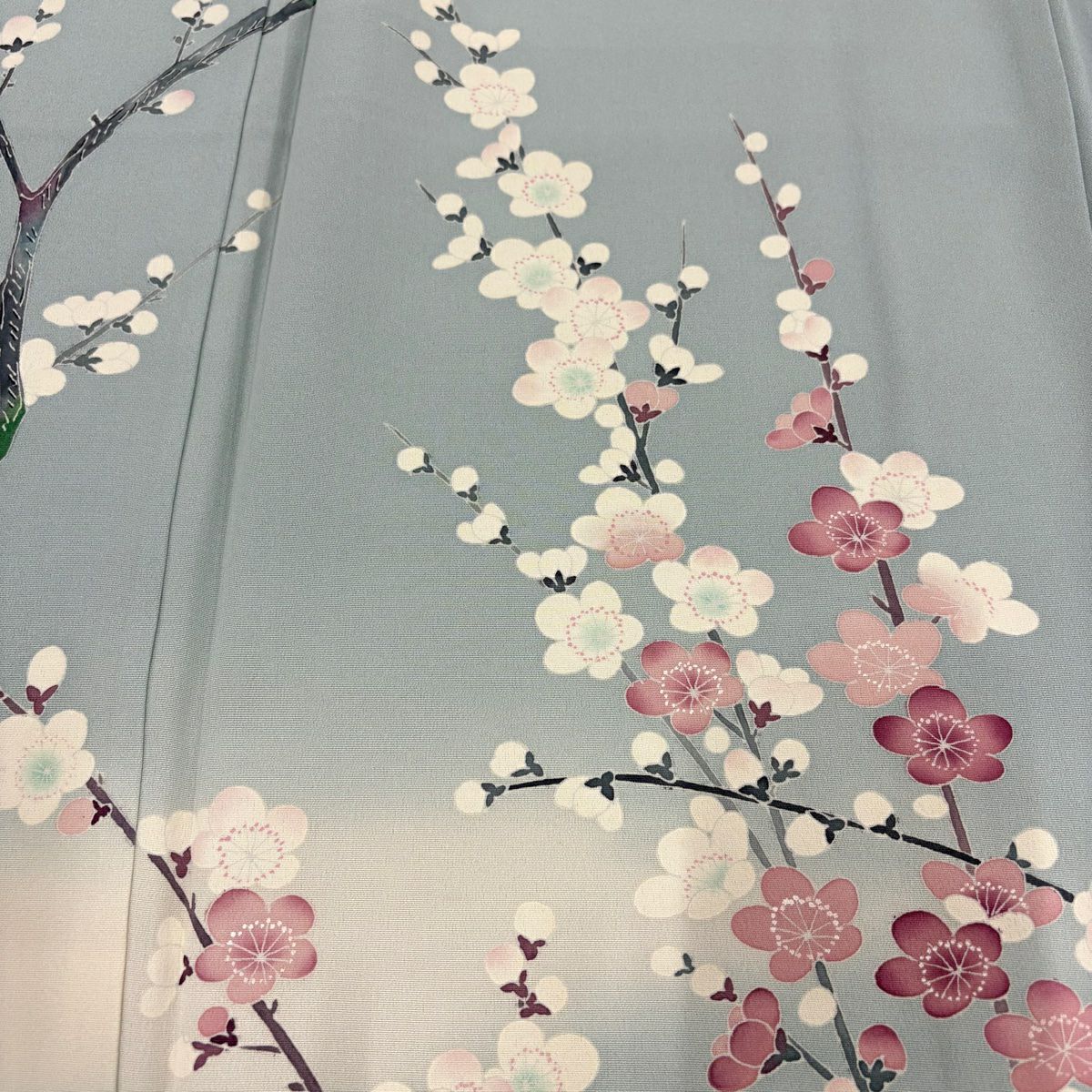 訪問服 身長156cm 袖長63cm S 雙層 落款あり 枝梅花 霞 漸層 水色 純蠶絲 名品級