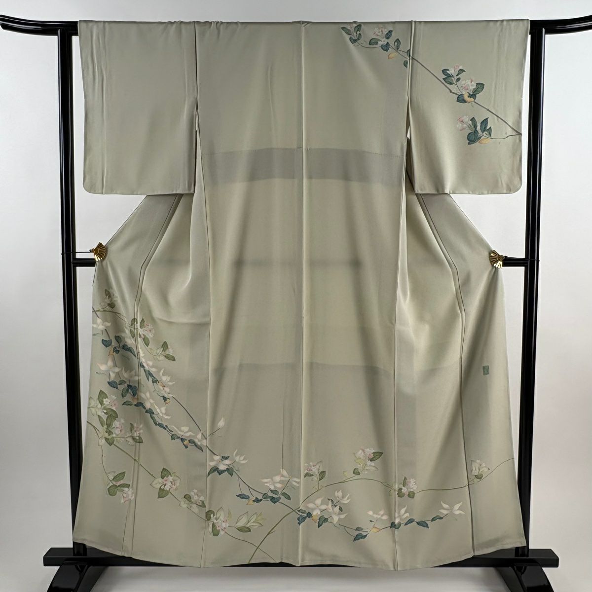 訪問服 身長158cm 袖長62cm S 雙層 落款あり 枝花 漸變 薄綠 純蠶絲 名品級