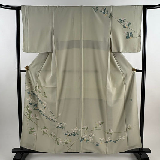訪問服 身長158cm 袖長62cm S 雙層 落款あり 枝花 漸變 薄綠 純蠶絲 名品級