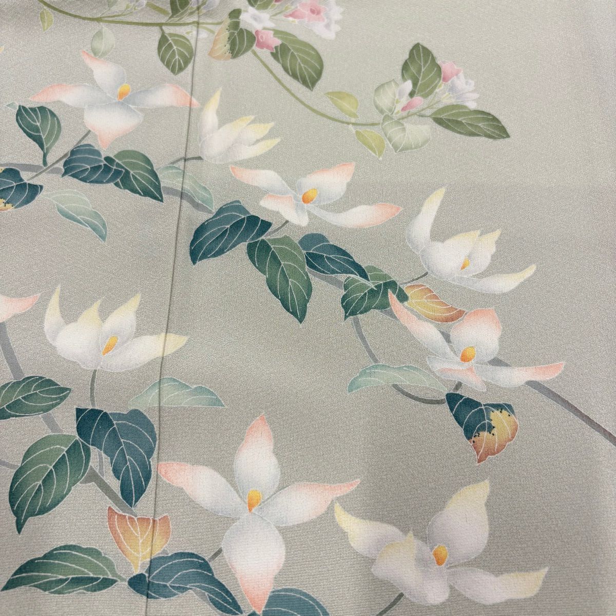 訪問服 身長158cm 袖長62cm S 雙層 落款あり 枝花 漸變 薄綠 純蠶絲 名品級