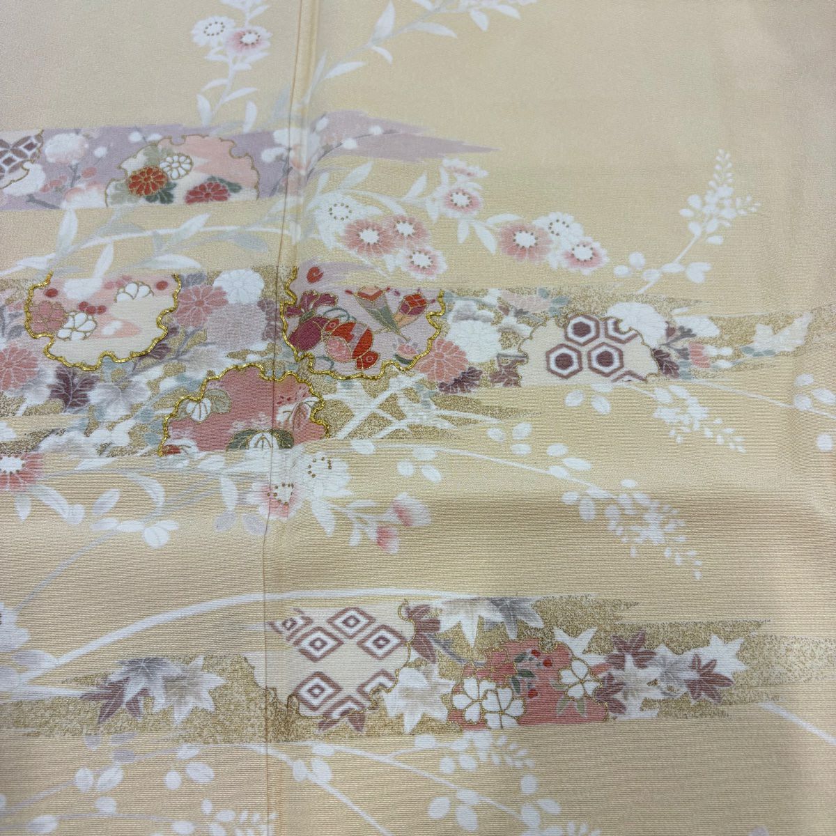 訪問服 身長160.5cm 袖長63cm S 雙層 吾妻德穗 落款あり 草花紋紋 雪輪 金絲 金銀彩 淺橙色 純蠶絲 名品級