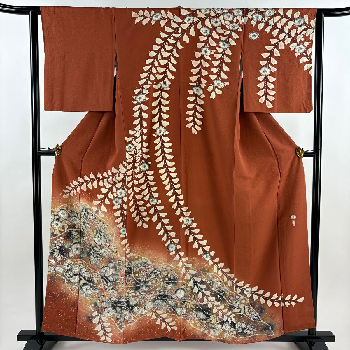 訪問服 身長159cm 袖長62.5cm S 雙層 落款 草花紋紋 霞 漸層 絞染 紅茶 純蠶絲 名品級