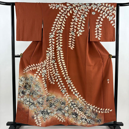 訪問服 身長159cm 袖長62.5cm S 雙層 落款 草花紋紋 霞 漸層 絞染 紅茶 純蠶絲 名品級
