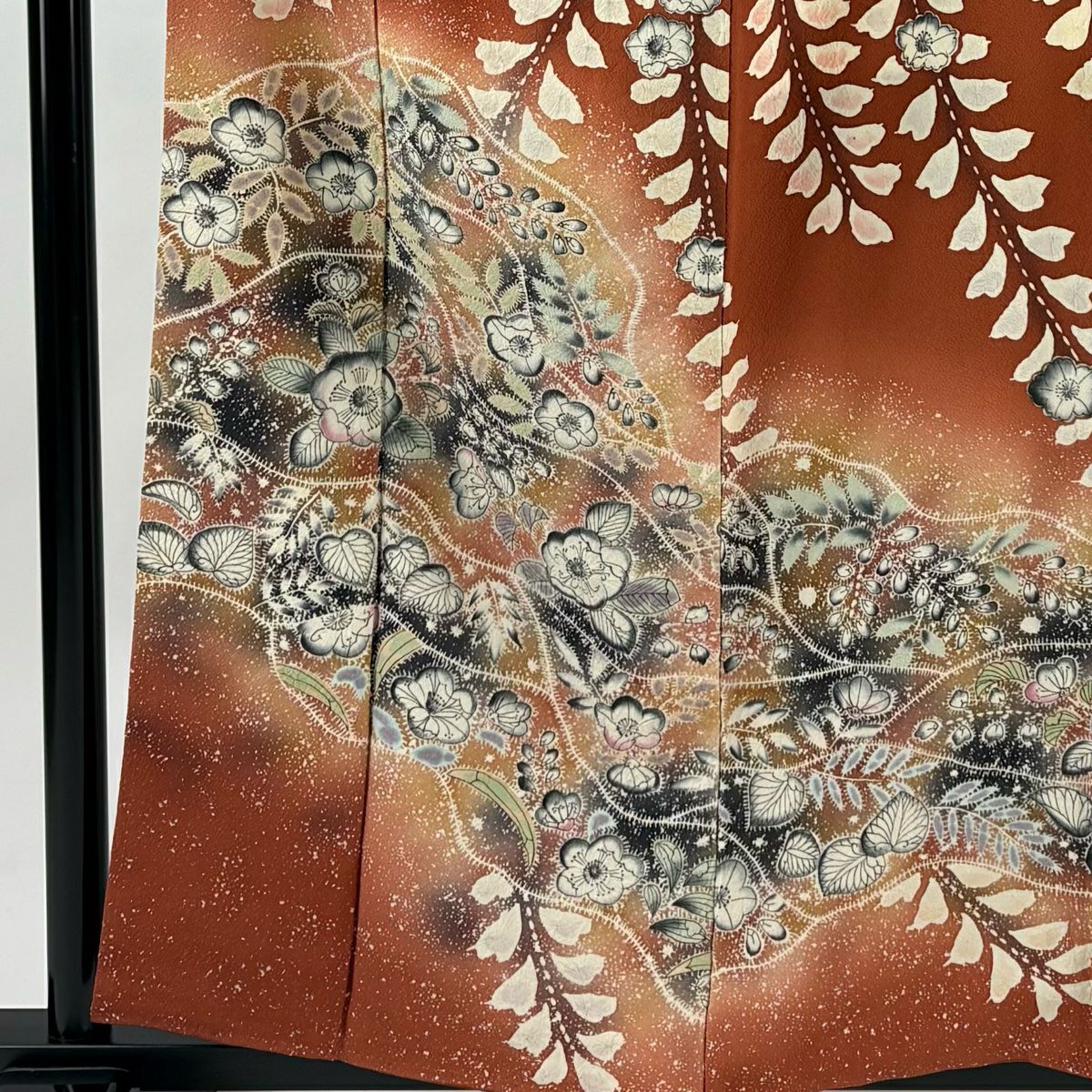 訪問服 身長159cm 袖長62.5cm S 雙層 落款 草花紋紋 霞 漸層 絞染 紅茶 純蠶絲 名品級