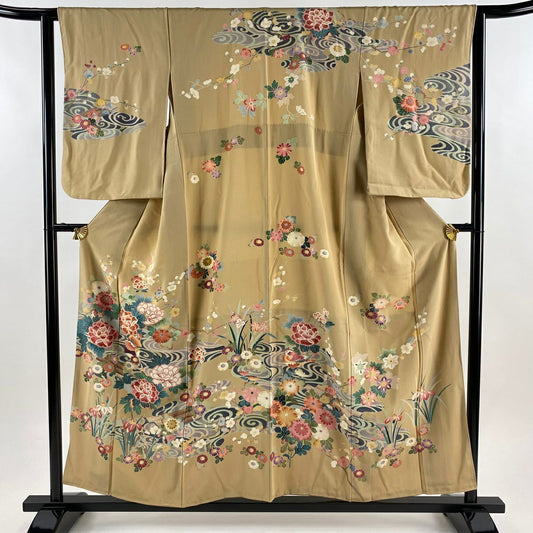 訪問服 身長155.5cm 袖長62.5cm S 雙層 牡丹 鴛鴦 漸層 薄茶 純蠶絲 名品級
