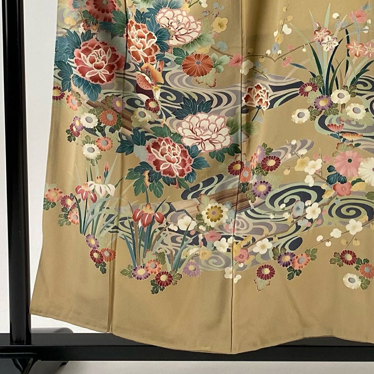 訪問服 身長155.5cm 袖長62.5cm S 雙層 牡丹 鴛鴦 漸層 薄茶 純蠶絲 名品級