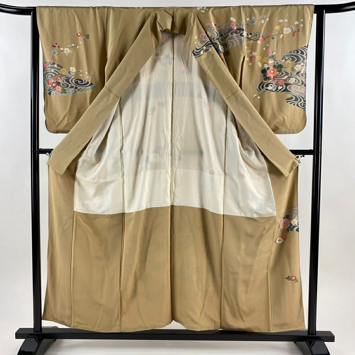 訪問服 身長155.5cm 袖長62.5cm S 雙層 牡丹 鴛鴦 漸層 薄茶 純蠶絲 名品級
