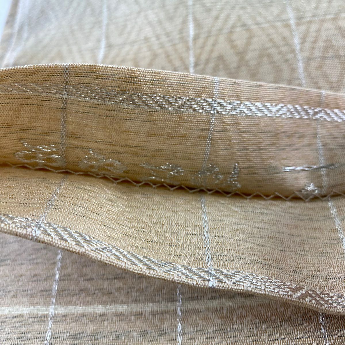 【美品】 袋帶 名品級 夏帶 條紋 銀線 粉米色 全通 純蠶絲