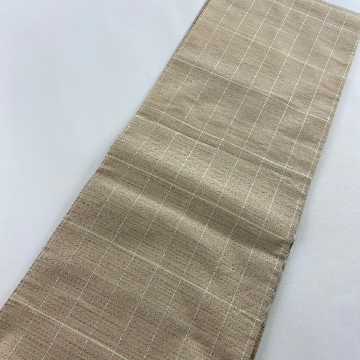 【美品】 袋帶 名品級 夏帶 條紋 銀線 粉米色 全通 純蠶絲