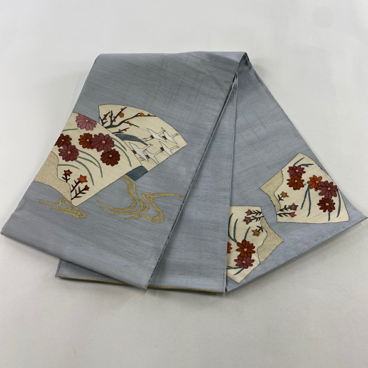袋帶 名品級 秋草 仙鶴 金絲 水色 大鼓圖案 純蠶絲