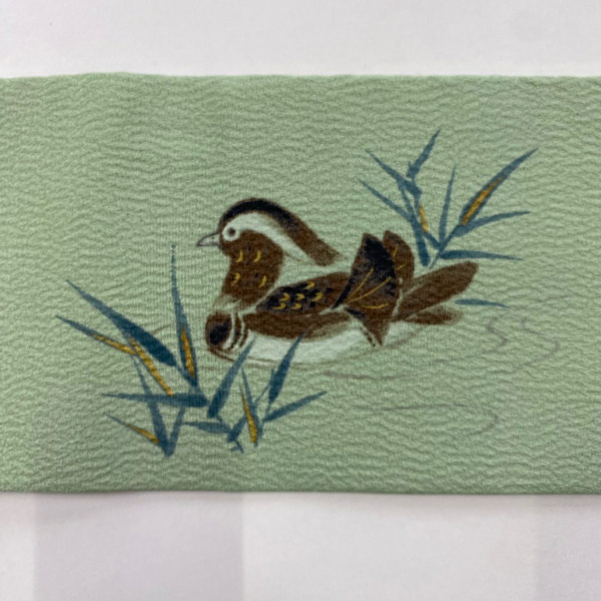 【美品】 名古屋帶 名品級 落款あり 山科春宣 鴛鴦 葉柄 金銀彩 薄綠 純蠶絲