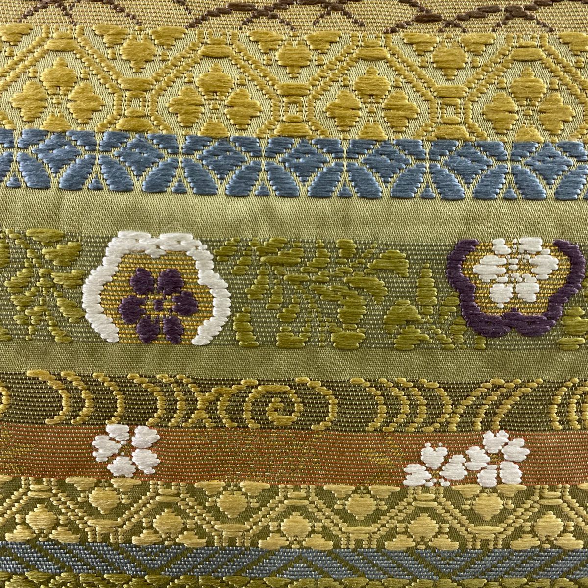 【美品】 袋帶 名品級 麗粋唐織 花菱 花 金金箔 鶯 深藍 六通 純蠶絲